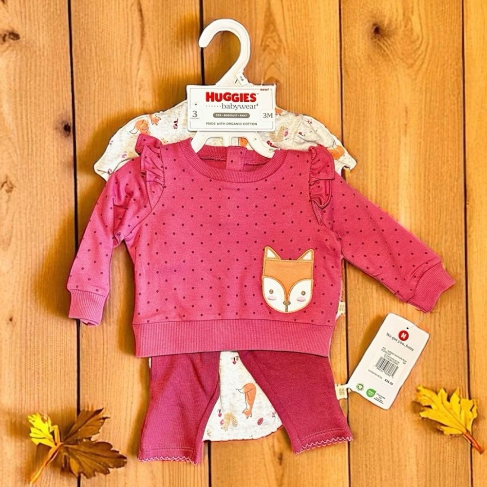 Brand New Huggies Baby Girl 3 Piece Organic Cotton Layette Set Size 3 Months